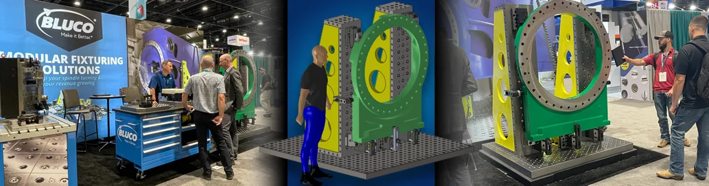 Bluco's machining booth at IMTS (left) featured a large gate valve (right) that was originally concepted in CAD, then brought to life by application engineers. 2022/09/Long-booth-strip-copy.png 